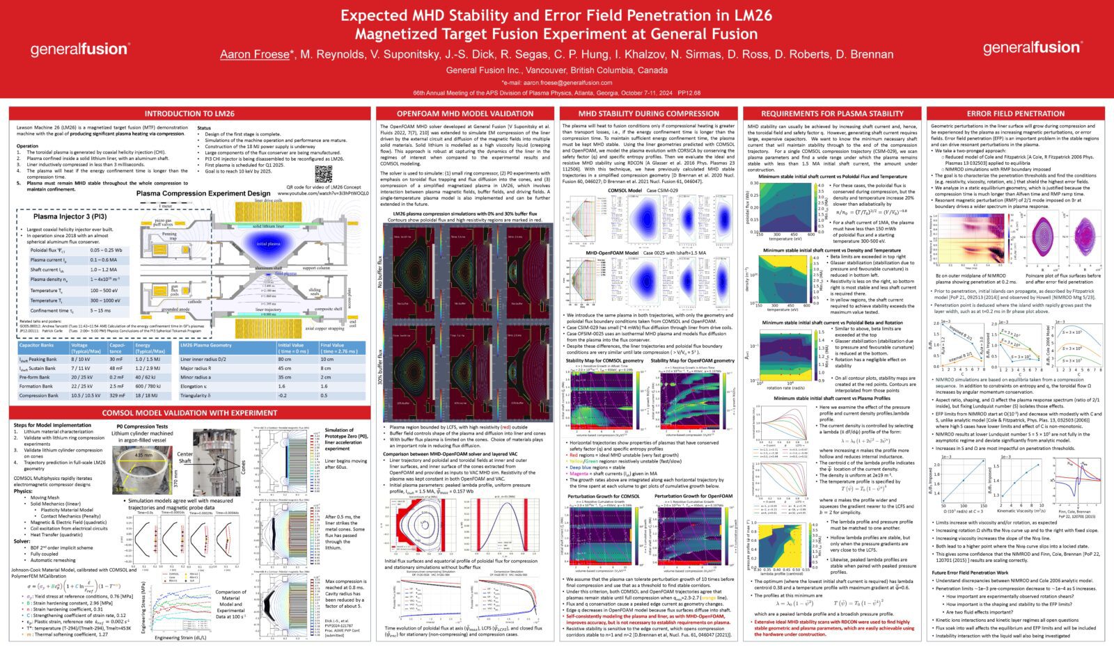 Expected MHD Stability and Error Field Penetration in LM26 Magnetized Target Fusion Experiment at General Fusion