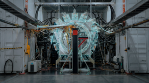 LM26, General Fusion's large-scale Magnetized Target Fusion demonstration machine, shown with a blue visual overlay